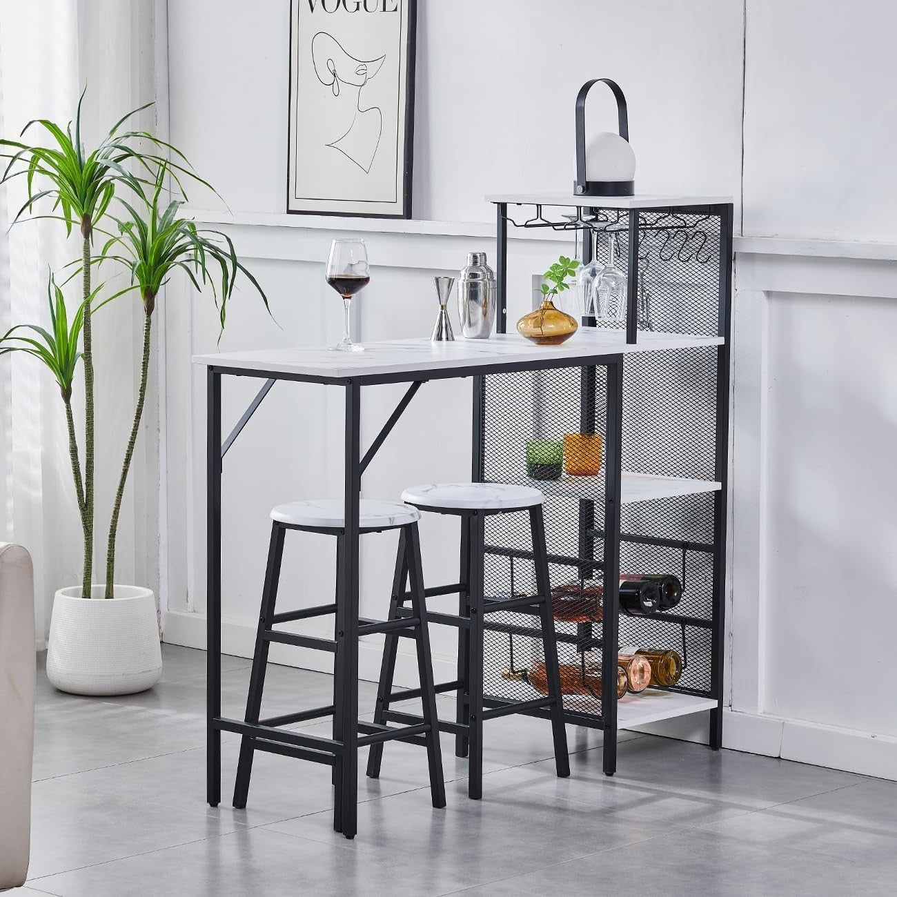 White Marble Bar Table Set with 2 Stools Space-Saving Metal Frame Dining Set