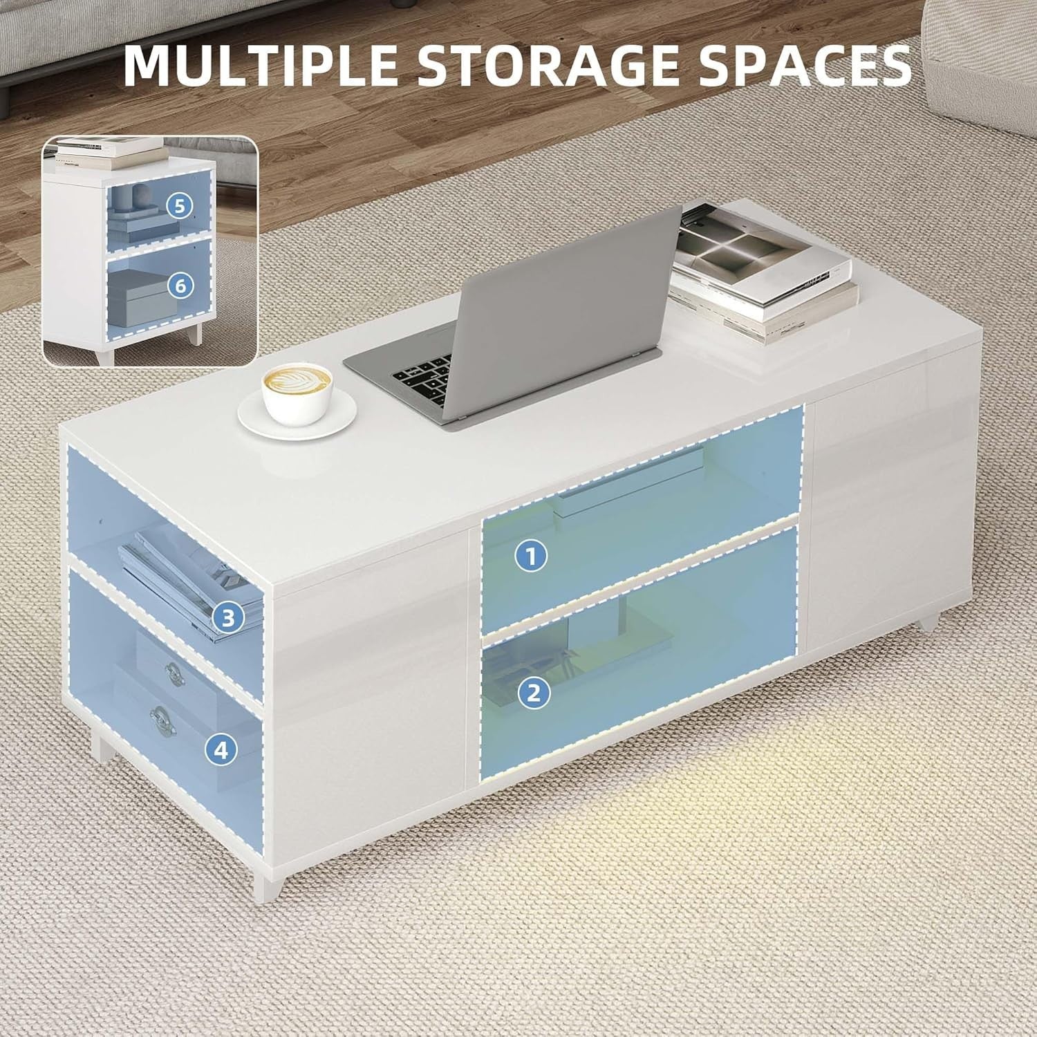 High Gloss Coffee Table with Storage & RGB LED Light – Modern 97.5x48x45 cm
