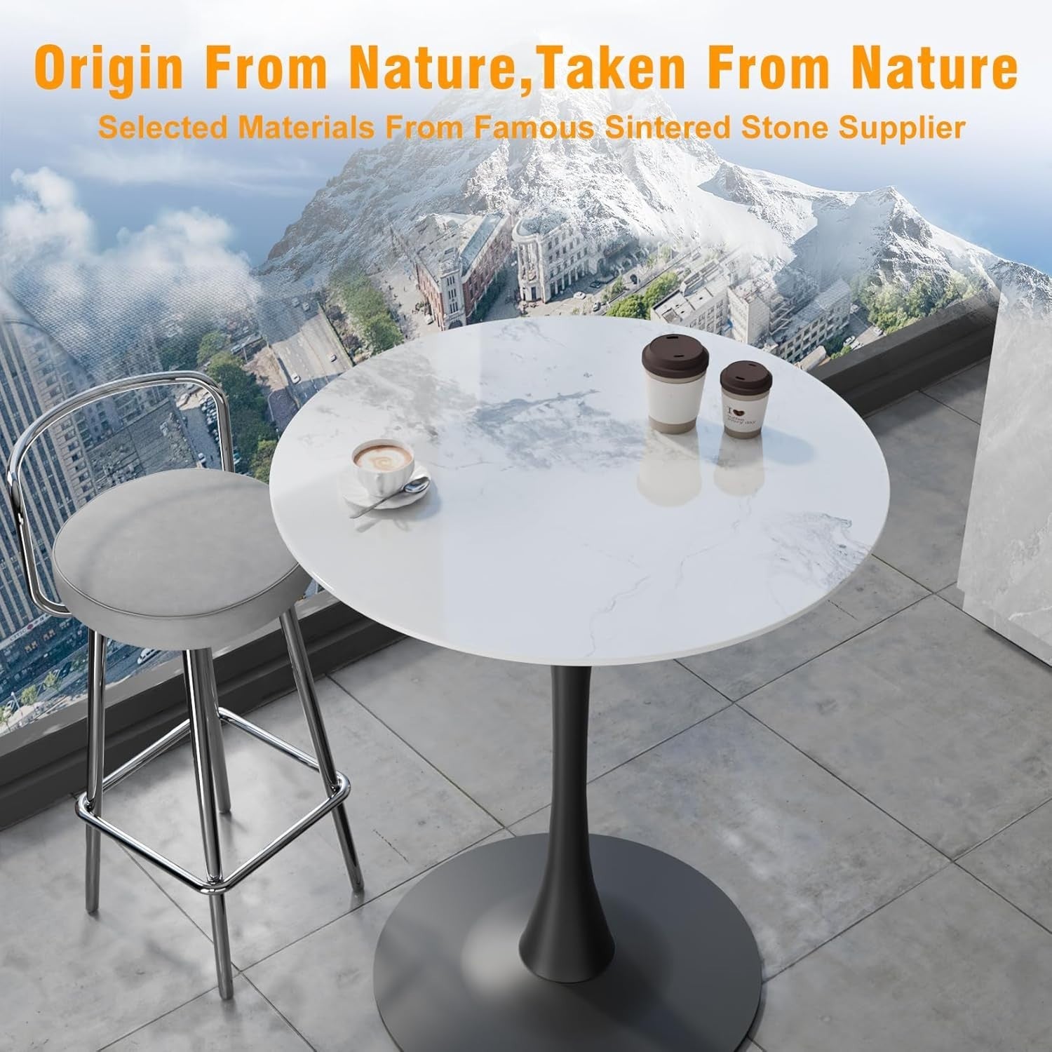 White 76cm Round Tall Bar Table 100cm Sintered Stone Top with Black Metal Base