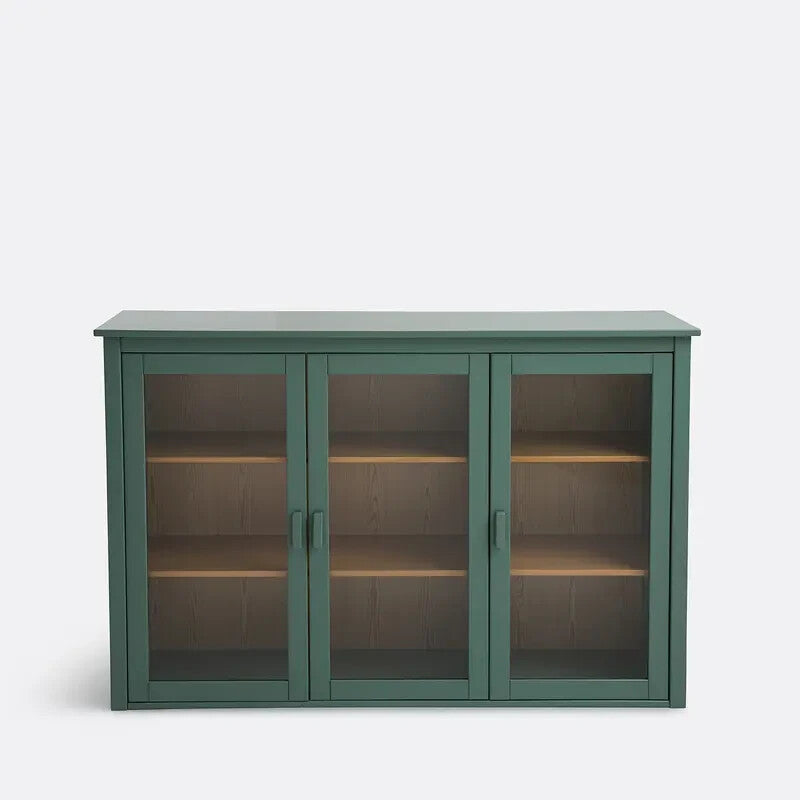 Solid Pine Glass Display Cabinet Sideboard Unit 160cm Green Storage Shelves
