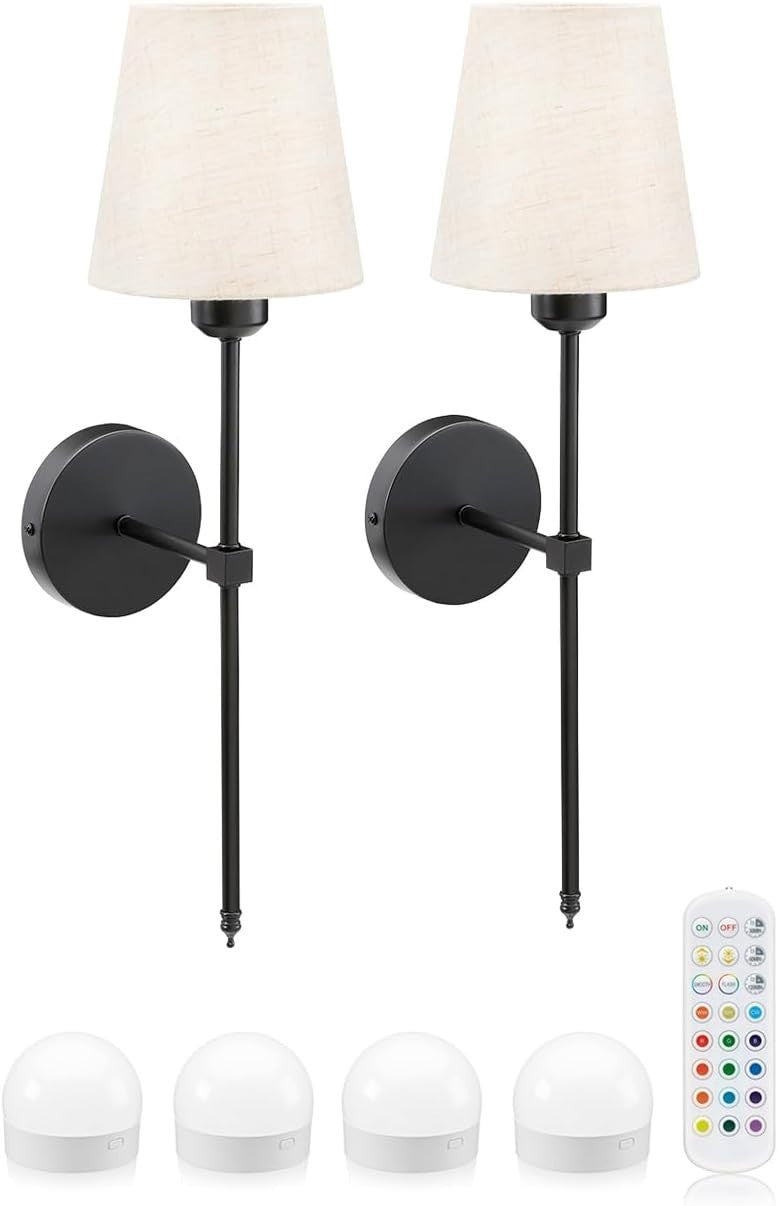 Wireless Rechargeable LED Wall Light, Dimmable, Remote, 2-Pack, 4-Light Sources