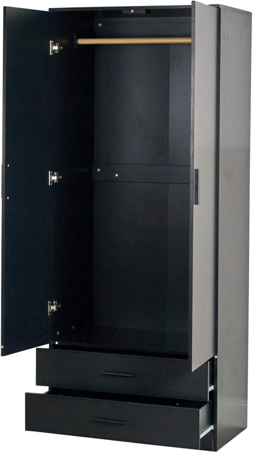 2-Door Bedroom Wardrobe with Drawers | Sturdy Wood Storage Cabinet