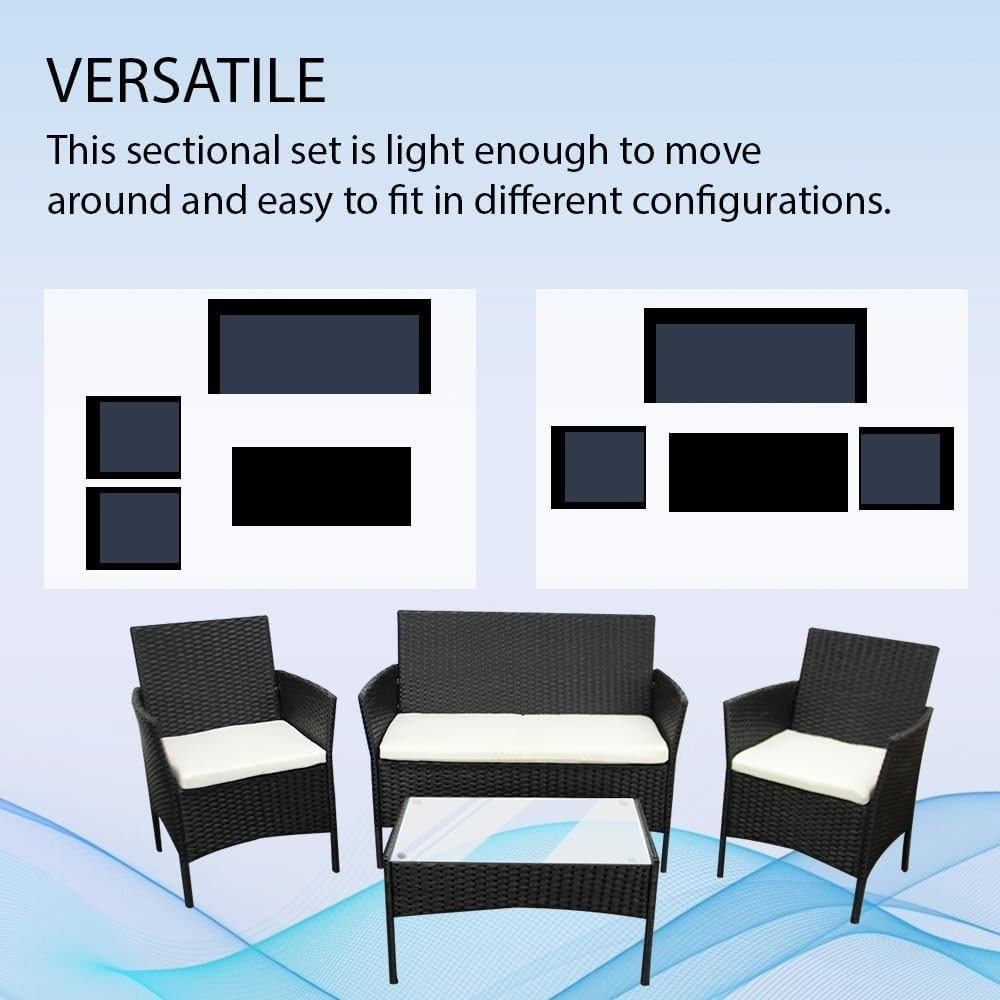 Outdoor Rattan Garden Sofa Set 4-Seater with Cushions & Glass Coffee Table