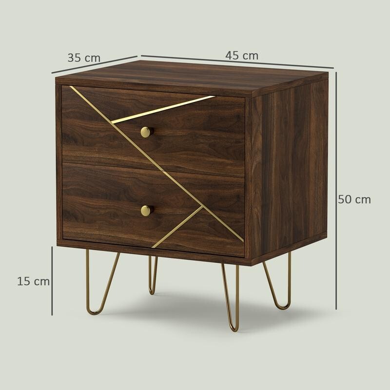 Set of 2 Bedside Tables Brown Wood Grain w/ Drawers & Hairpin Legs