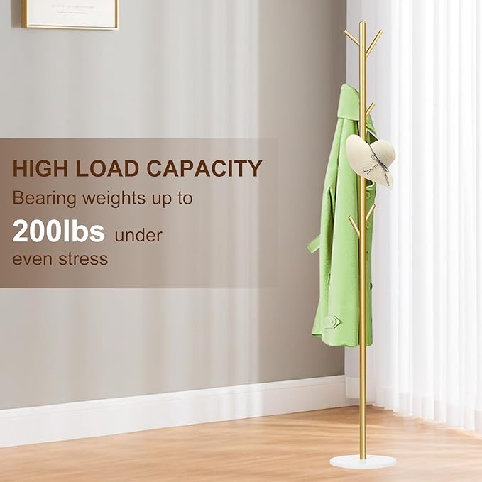 Gold Metal Coat Rack 8 Hooks with Marble Base Freestanding Hall Stand