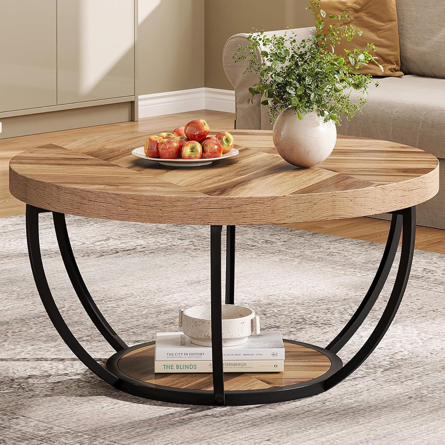 Round 2-Tier Coffee Table with Storage Shelves, Wooden Grain, 80x45cm