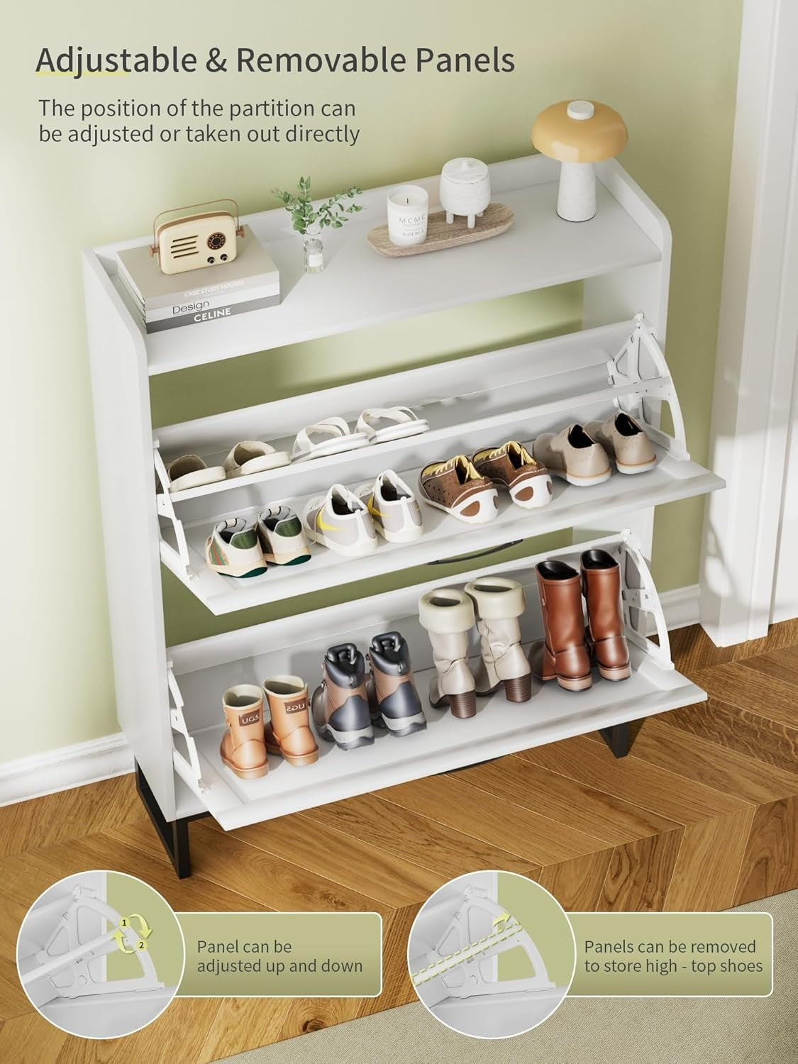 Slim White Shoe Cabinet 2 Drawer Fold Vintage Rack – Adjustable Shelves 80cm