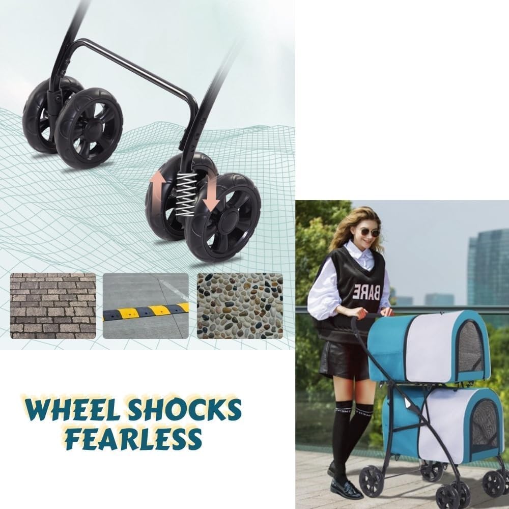 Double Pet Stroller for Dogs Cats Foldable 360° Wheels Waterproof Pram