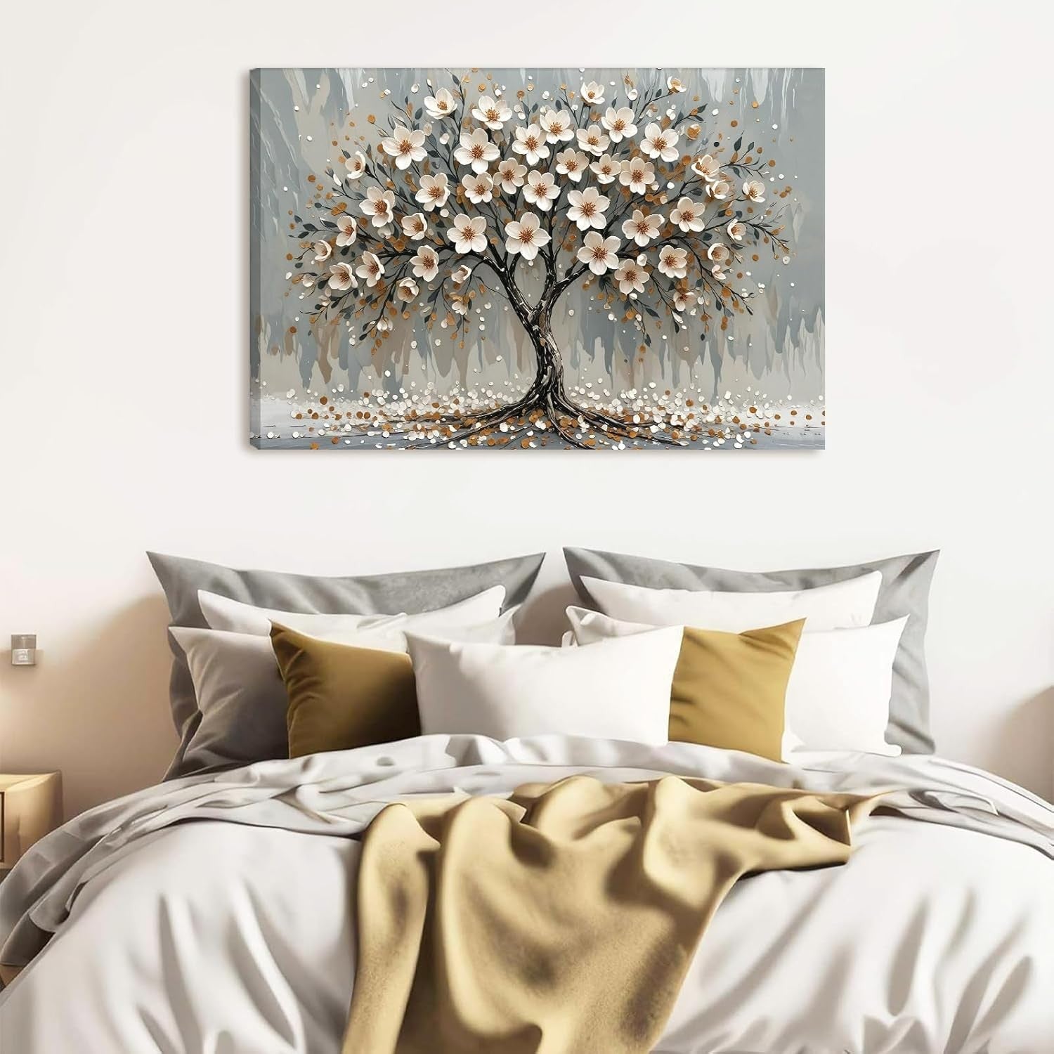 White Floral Tree Canvas Wall Art Framed Modern Living Room Decor 59x39cm