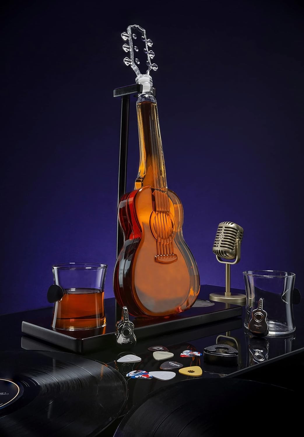 Guitar Whiskey Decanter 1L with Mahogany Base & 2 Glasses Music Lover Gift
