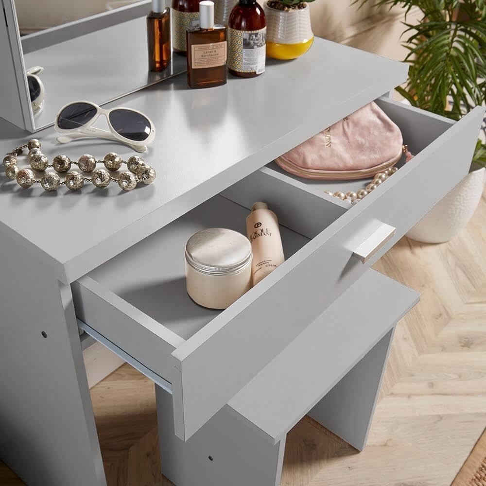 Grey Dressing Table Set with Mirror & Stool, 1 Drawer, Hidden Storage, Makeup Va