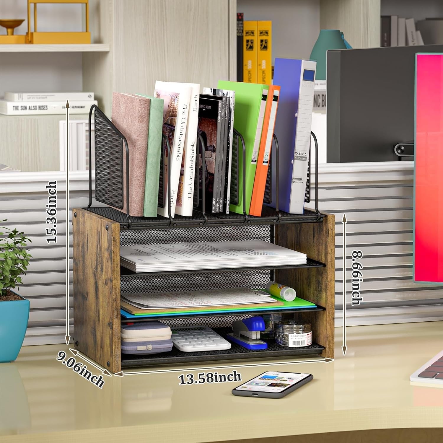 4 Tier Desk Organizer File Holder Letter Tray Wooden Office Desktop Storage
