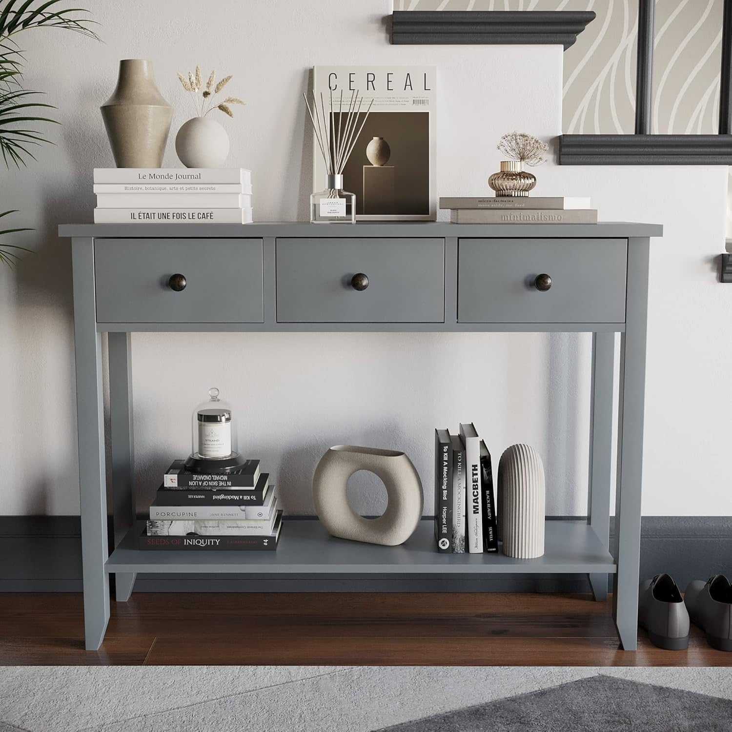 Console Table with 3 Drawers & Undershelf – Spacious Storage, Stylish Grey