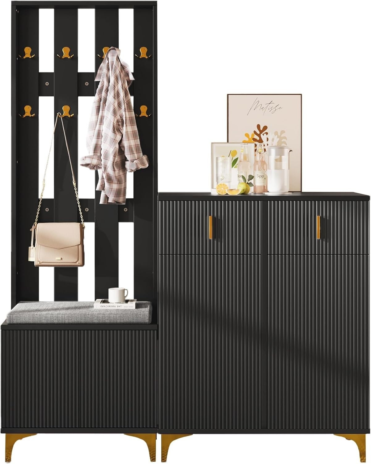 Modern Hallway Coat Rack & Shoe Storage Bench with Cushioned Seat – Black