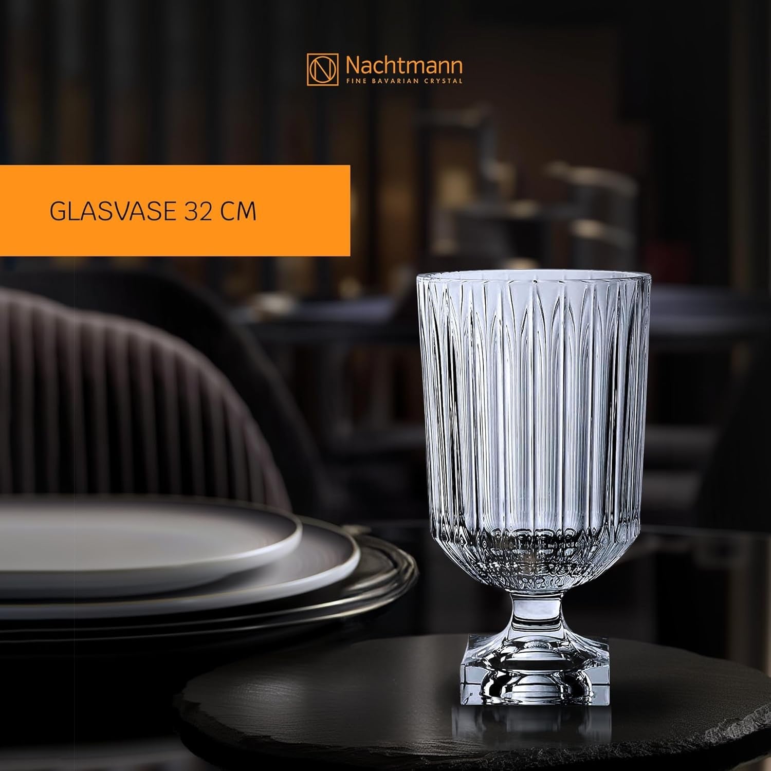 Crystal Glass Flower Vase 32cm Tall Elegant Ribbed Pedestal Home Decor