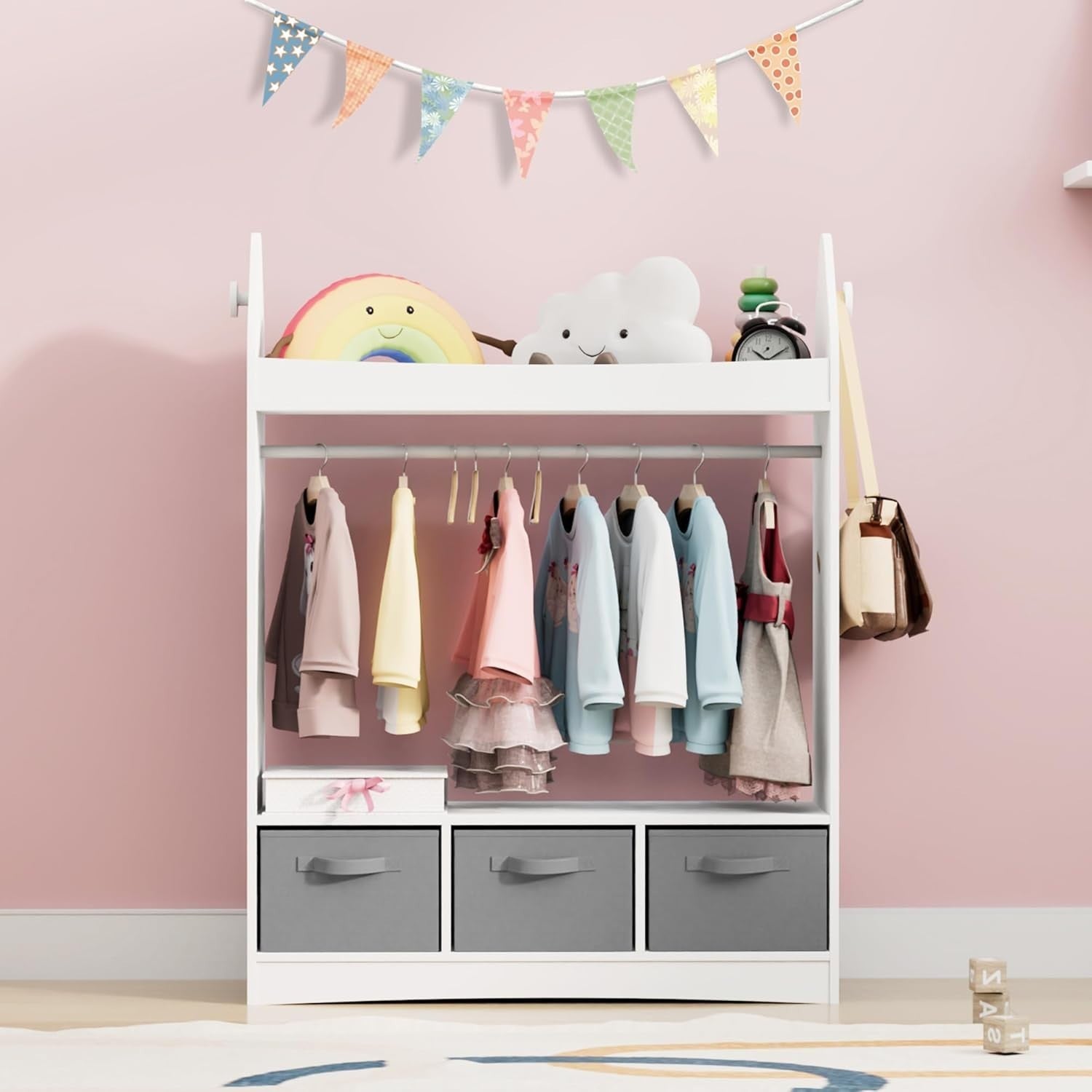 Kids Wardrobe Dress Up Storage with Mirror Costume Rail Closet Armoire White