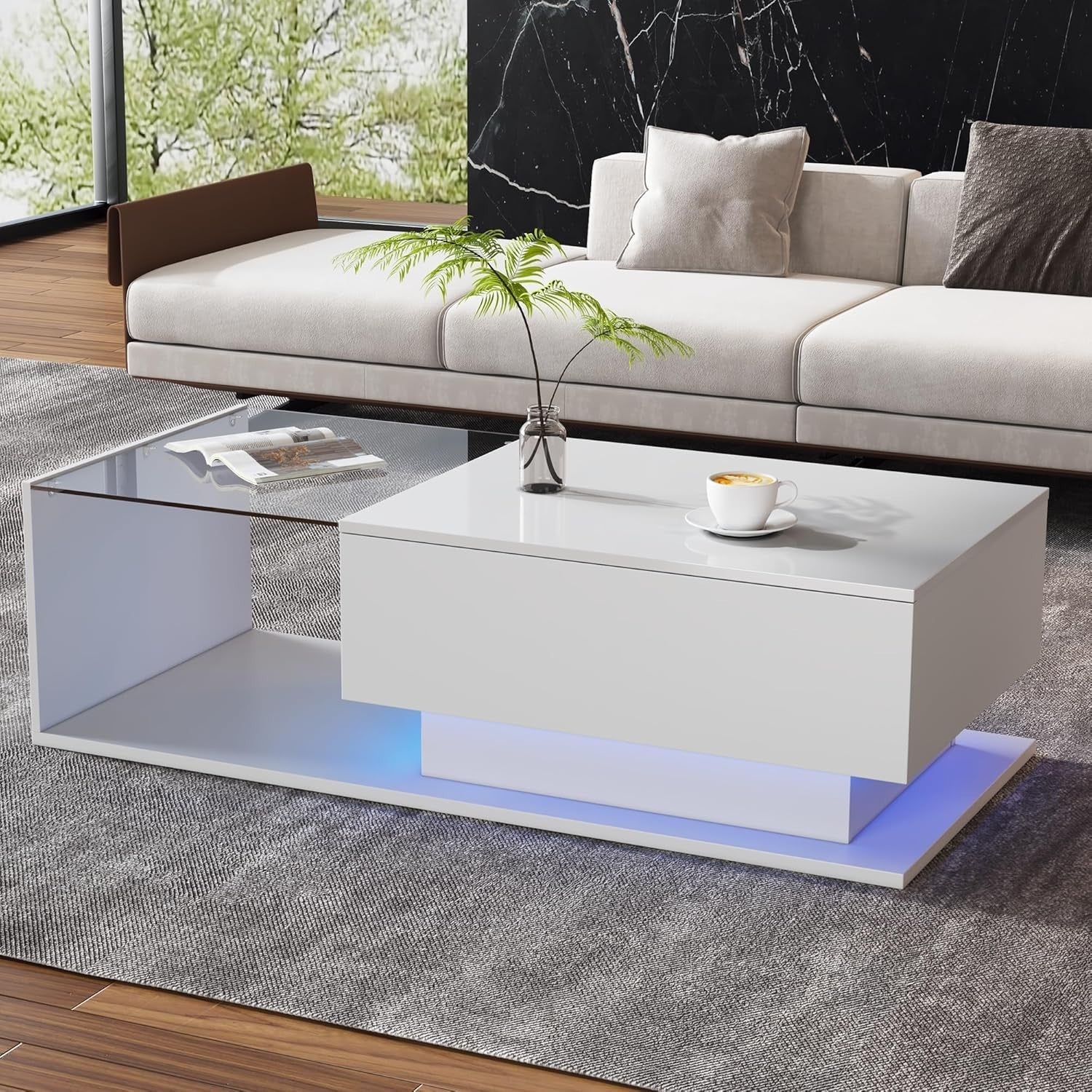 LED High Gloss Coffee Table with Drawer & Storage, Modern Glass Center Table
