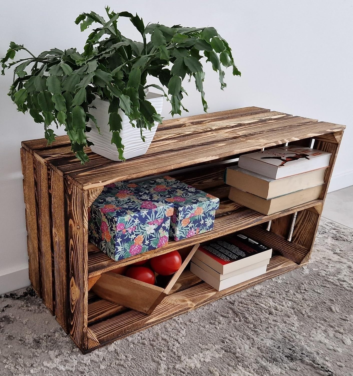 2 x Burnt Effect Wooden Crate with 1-Tier Shelf 40x30x75cm Rustic