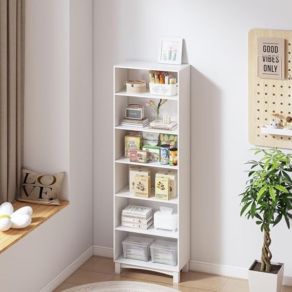 6 Tier Tall Wooden Bookcase Shelf Unit, Adjustable Storage Rack, White