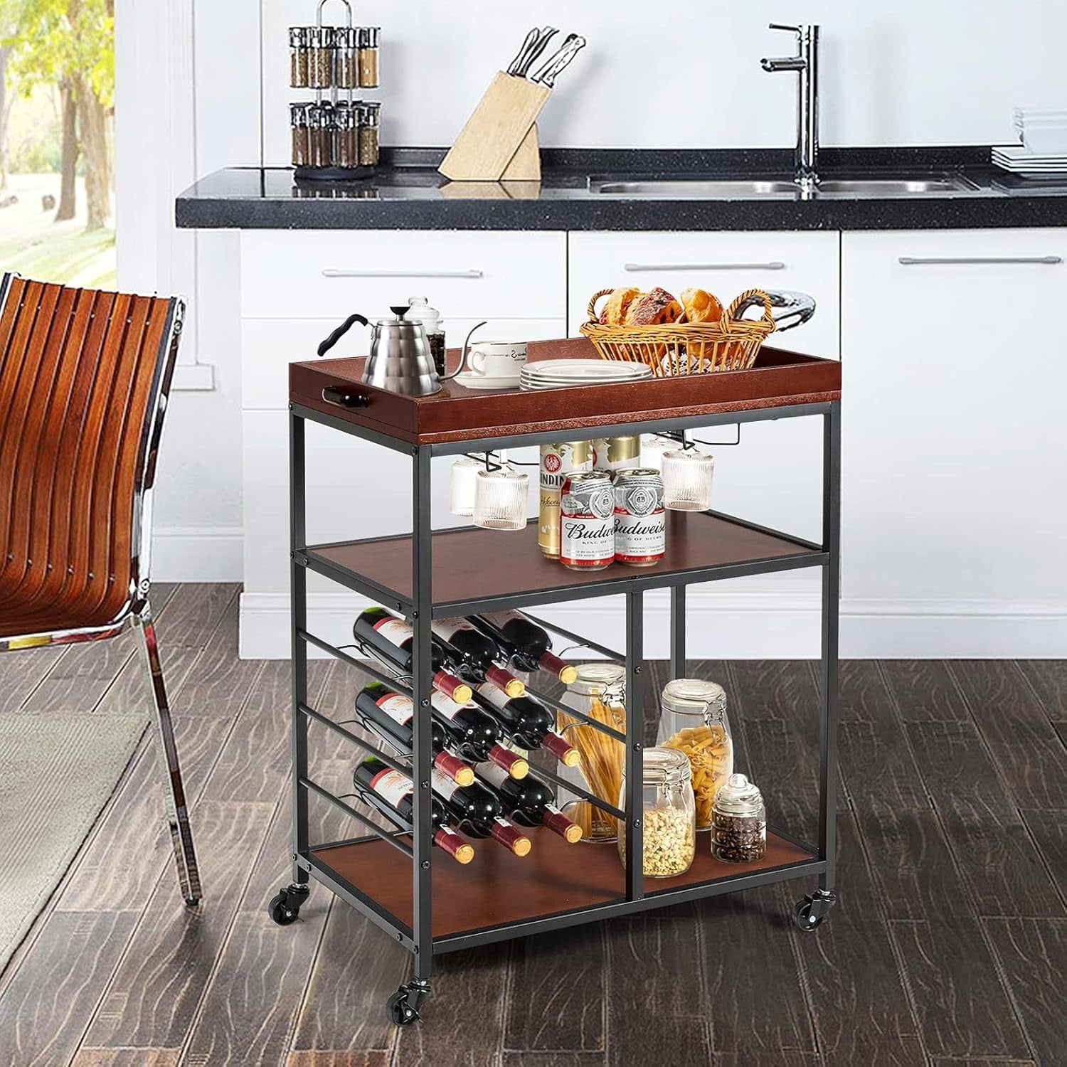 Kitchen Serving Trolley on Wheels Bar Cart Wine Rack Glass Holders 3 Tier