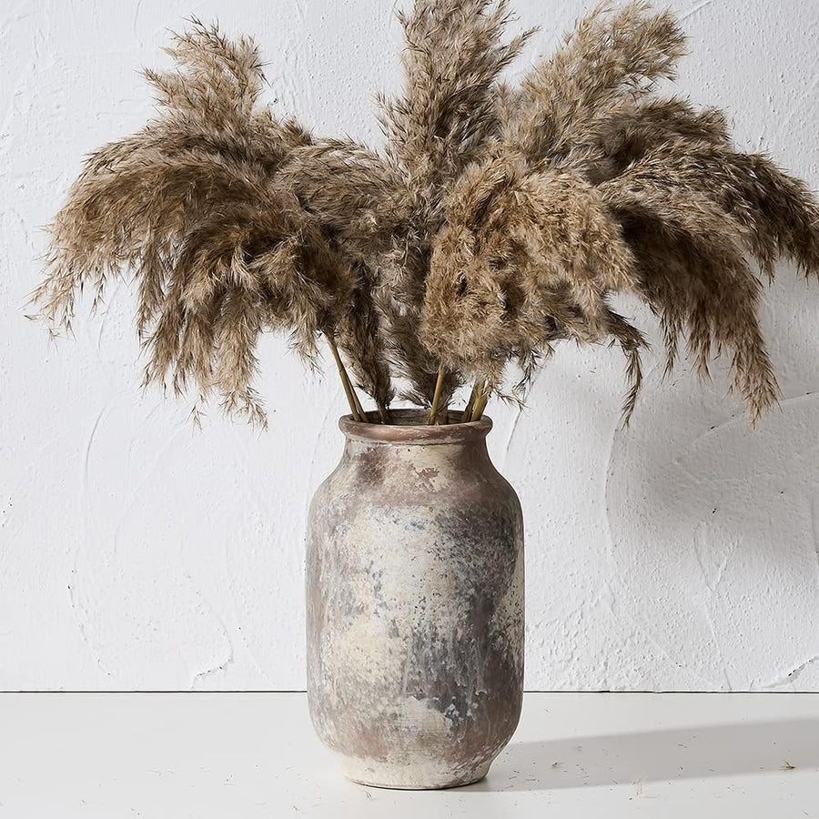Rustic Ceramic Flower Vase 9.5in Whitewashed Terracotta Farmhouse Décor