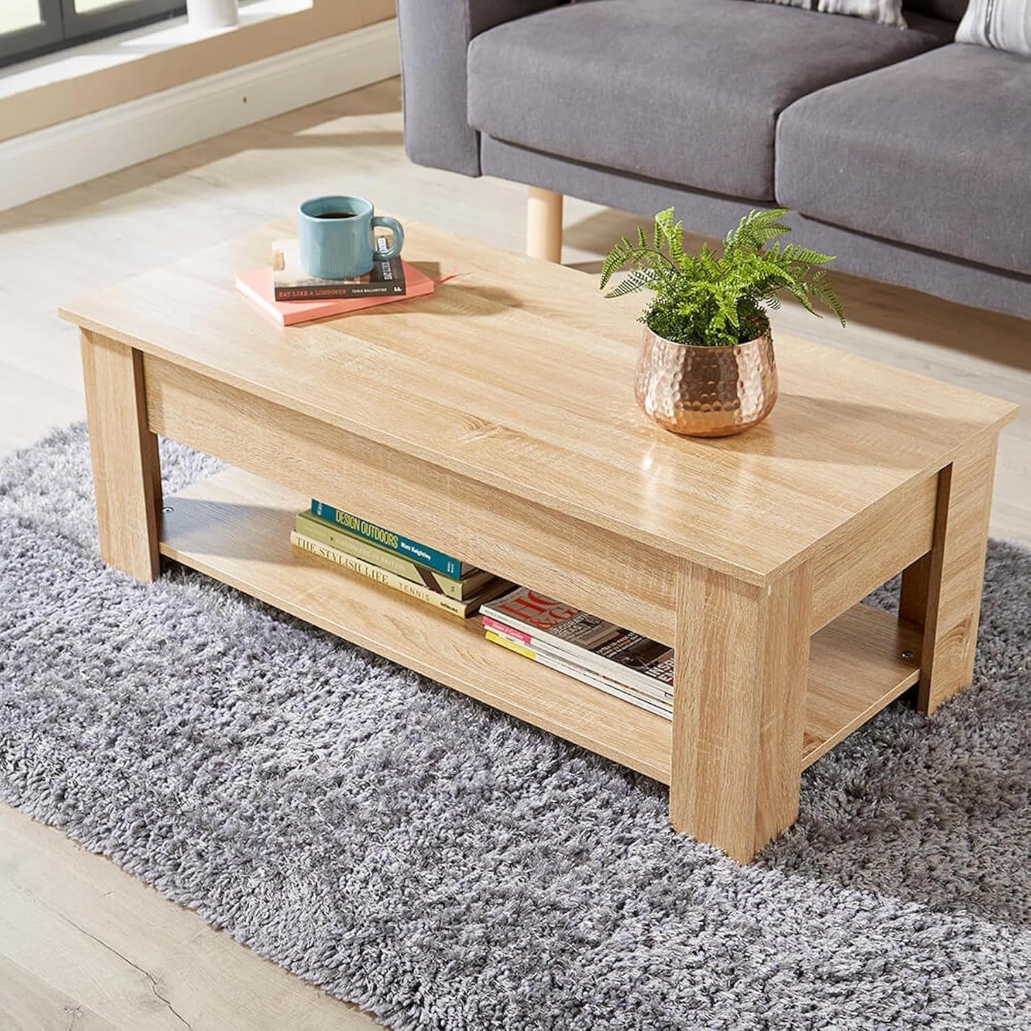 Oak Coffee Table with Lift-Up Storage & Magazine Shelf 100x50cm