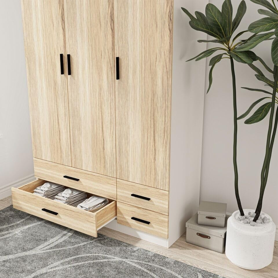 Modern 3-Door 4-Drawer Wardrobe with Hanging Rail & Storage Shelf – Oak/White