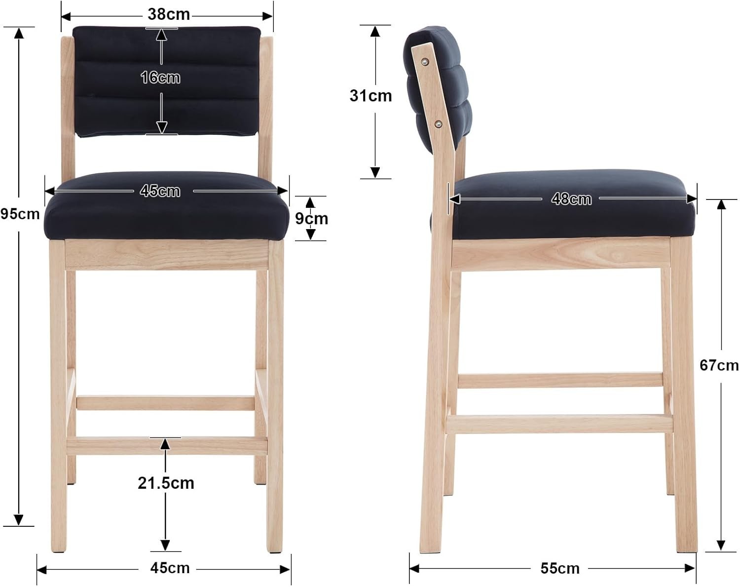 Modern Black Velvet Bar Stools Set of 2 – Wooden Leg Counter Chairs