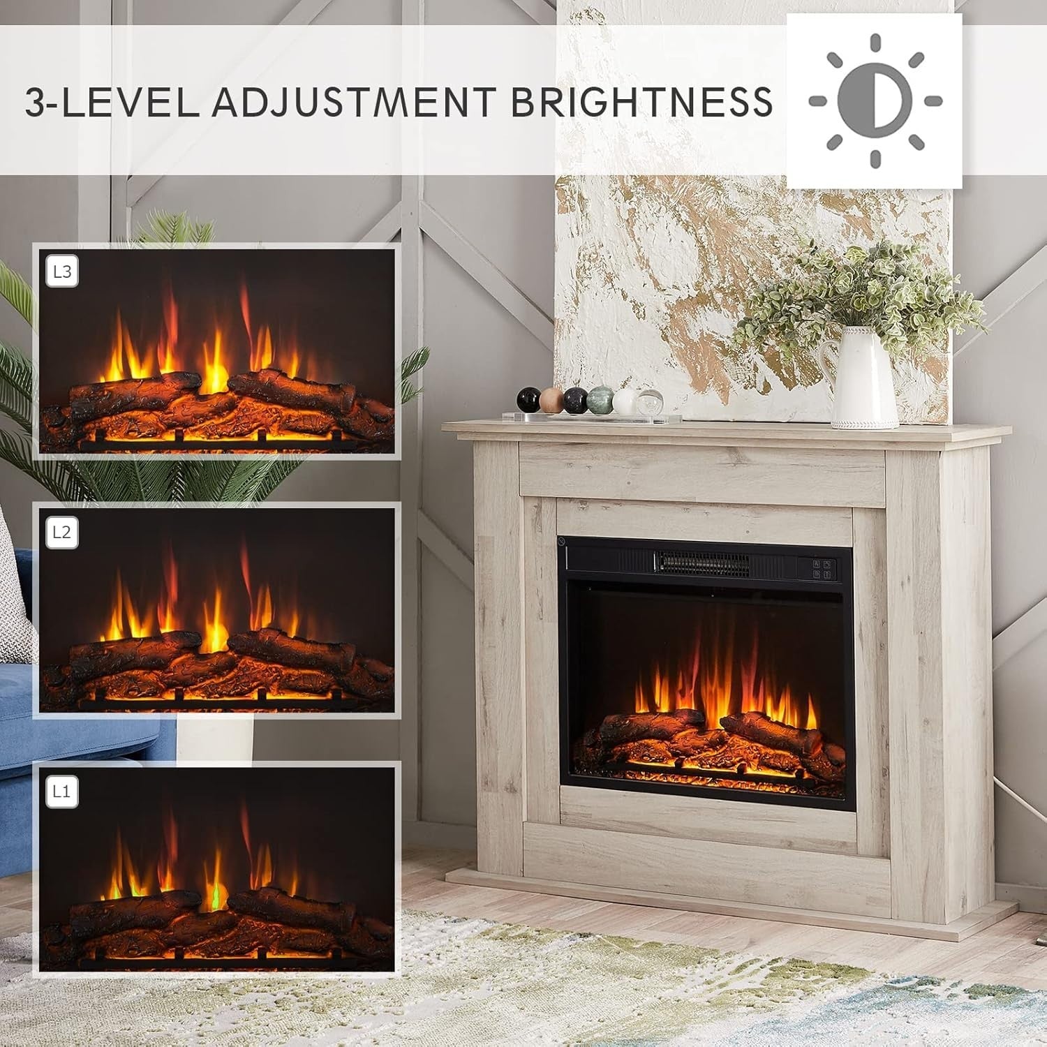 50" Electric Fireplace Heater 2000W Freestanding Realistic Flame LED