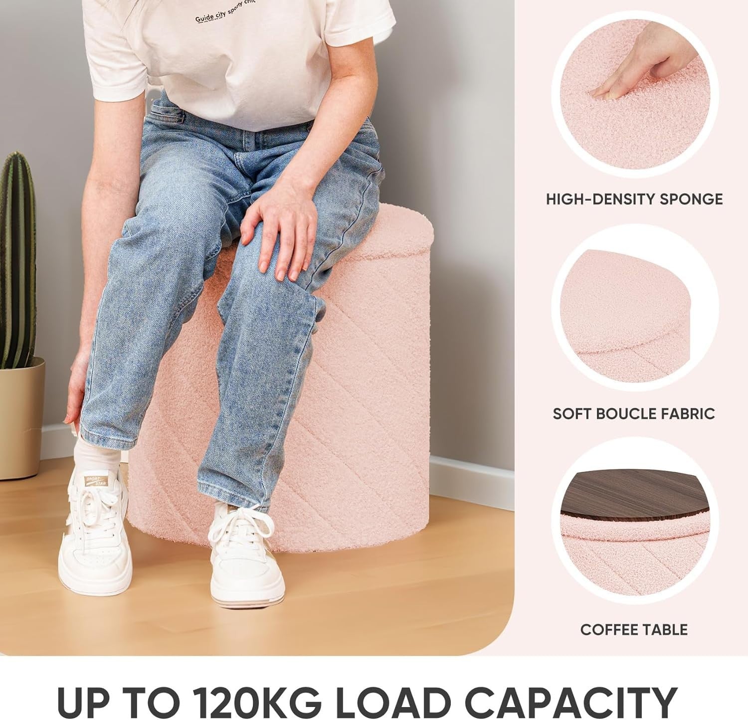 Pink Boucle Storage Ottoman Round Folding Footstool Tray-Top Vanity Seat