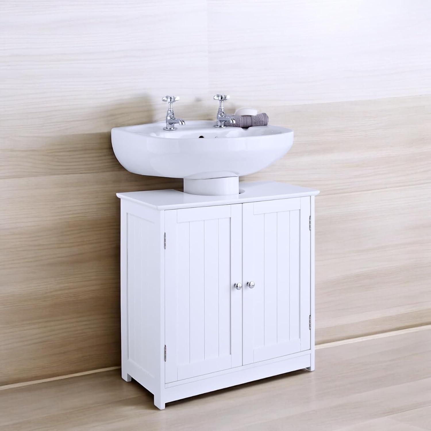 White Under Sink Bathroom Cabinet – 2 Door Vanity Cupboard with Storage Shelves