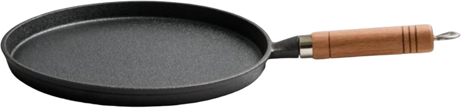 26cm Cast Iron Crepe Pan, Heavy Duty Non Stick Griddle with Wooden Handle