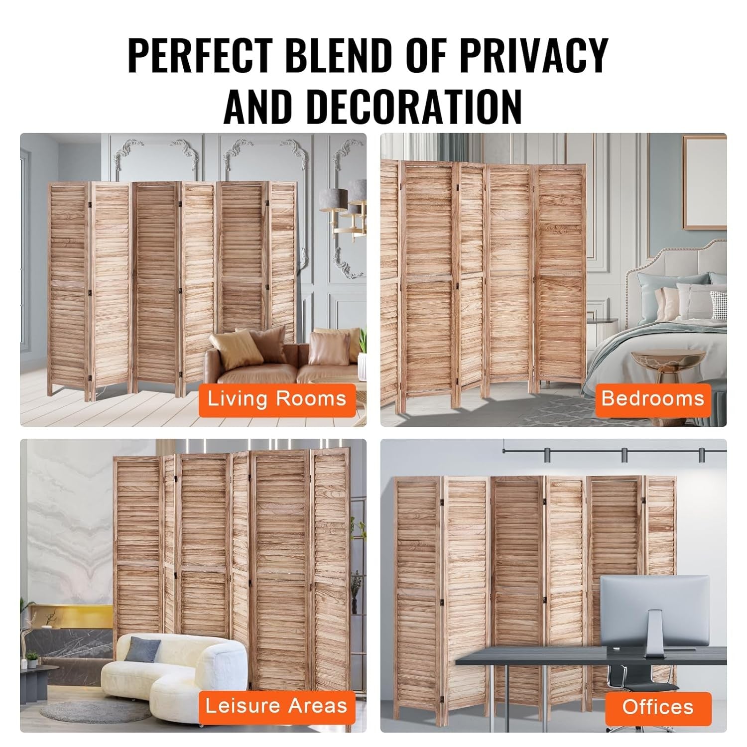 6 Panel Wooden Folding Room Divider Natural Privacy Screen 240x170cm