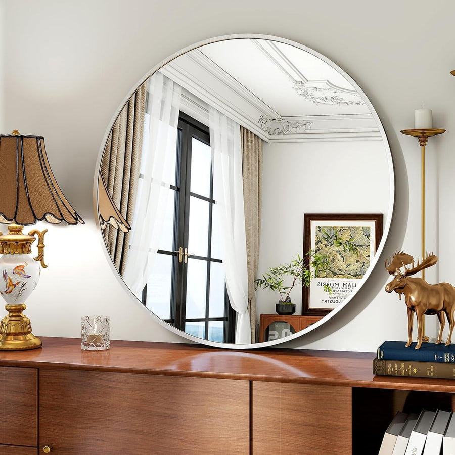 Round Silver Wall Mirror 80cm HD Glass Explosion-Proof & Stylish Frame