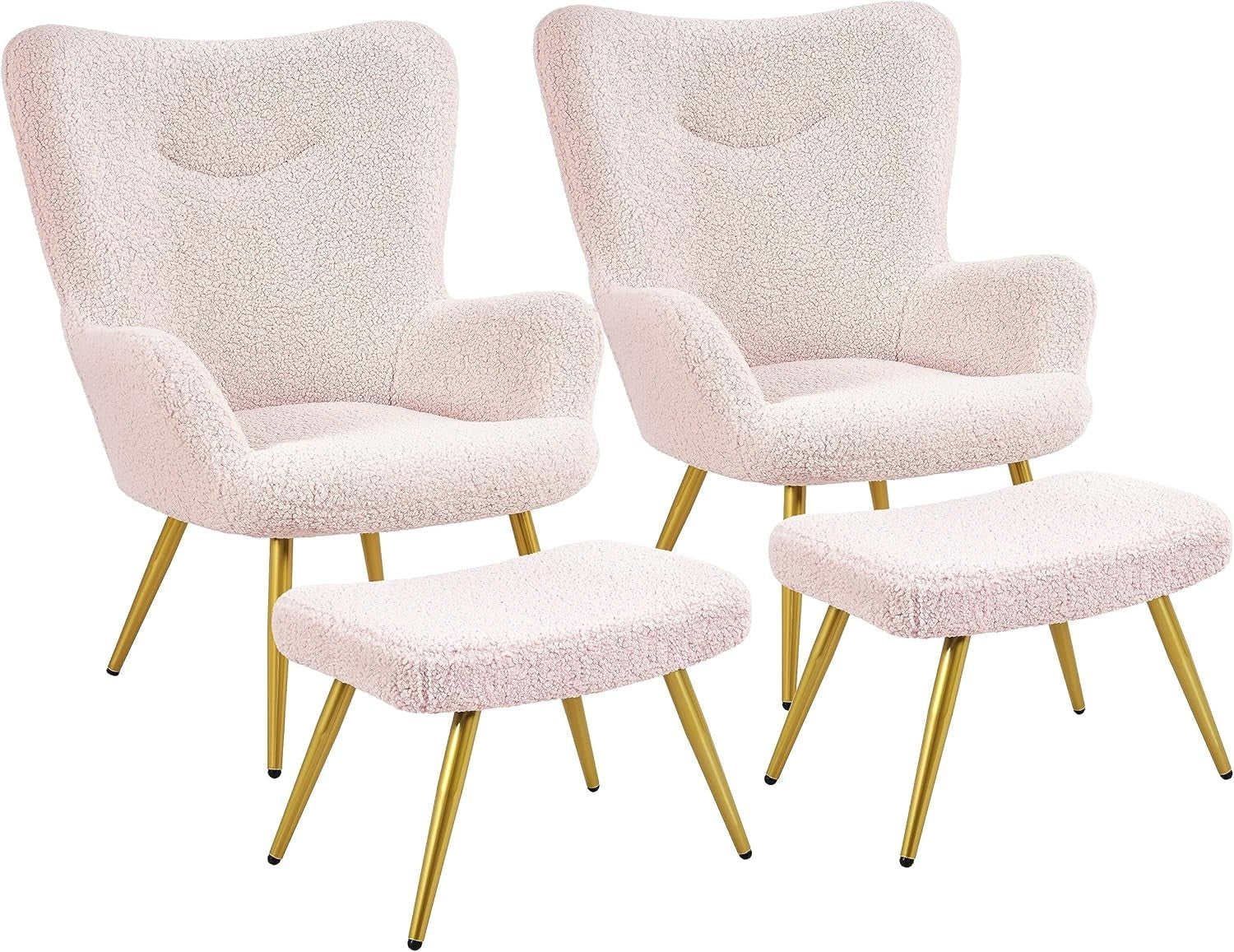 Boucle Armchair with Ottoman Set Pink Sherpa Tub Chair