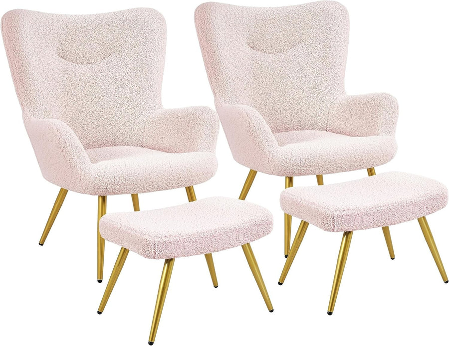 Boucle Armchair with Ottoman Set Pink Sherpa Tub Chair