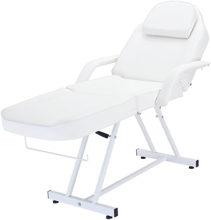Reclining Massage Table Adjustable Beauty Salon Bed w/ Swivel Stool White
