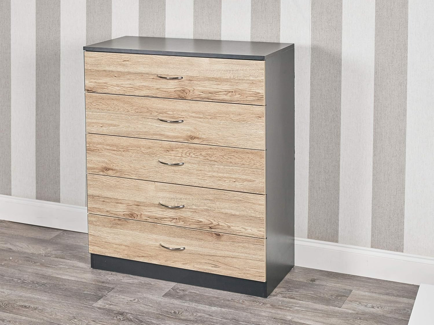 5 Drawer Chest Cabinet Oak Effect Storage Unit Black Bedroom Furniture