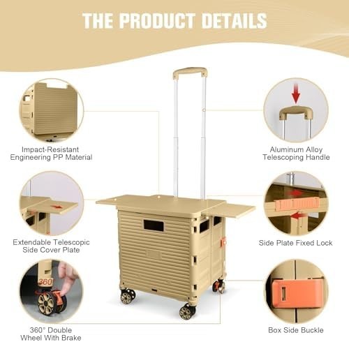 Heavy Duty Folding Shopping Cart 55kg Trolley 360° Wheels Foldable Khaki