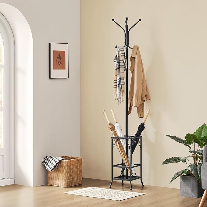 Black Metal Coat Rack Stand with Umbrella Holder 8 Hooks Hallway Organizer
