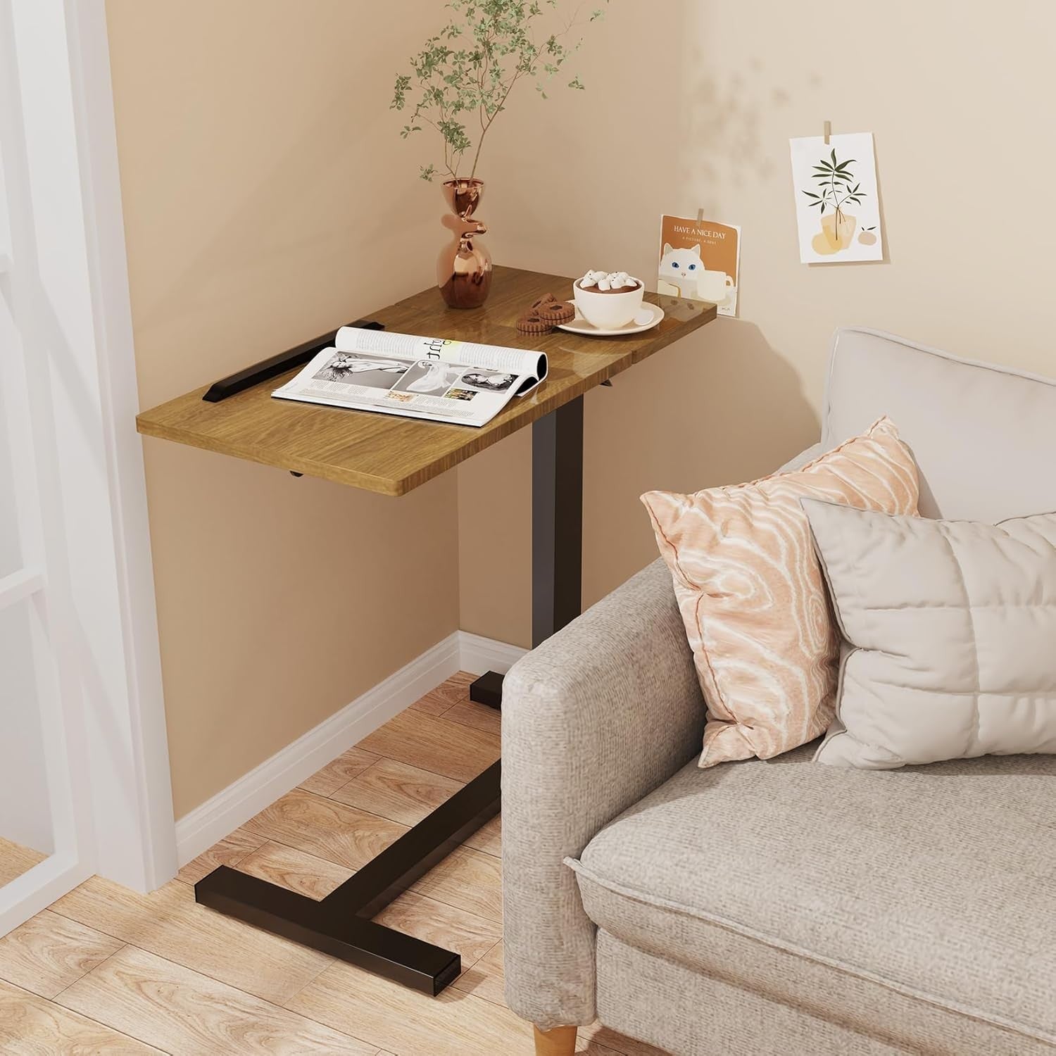 Brown Overbed Table Adjustable Height C Shape Rolling Laptop Desk