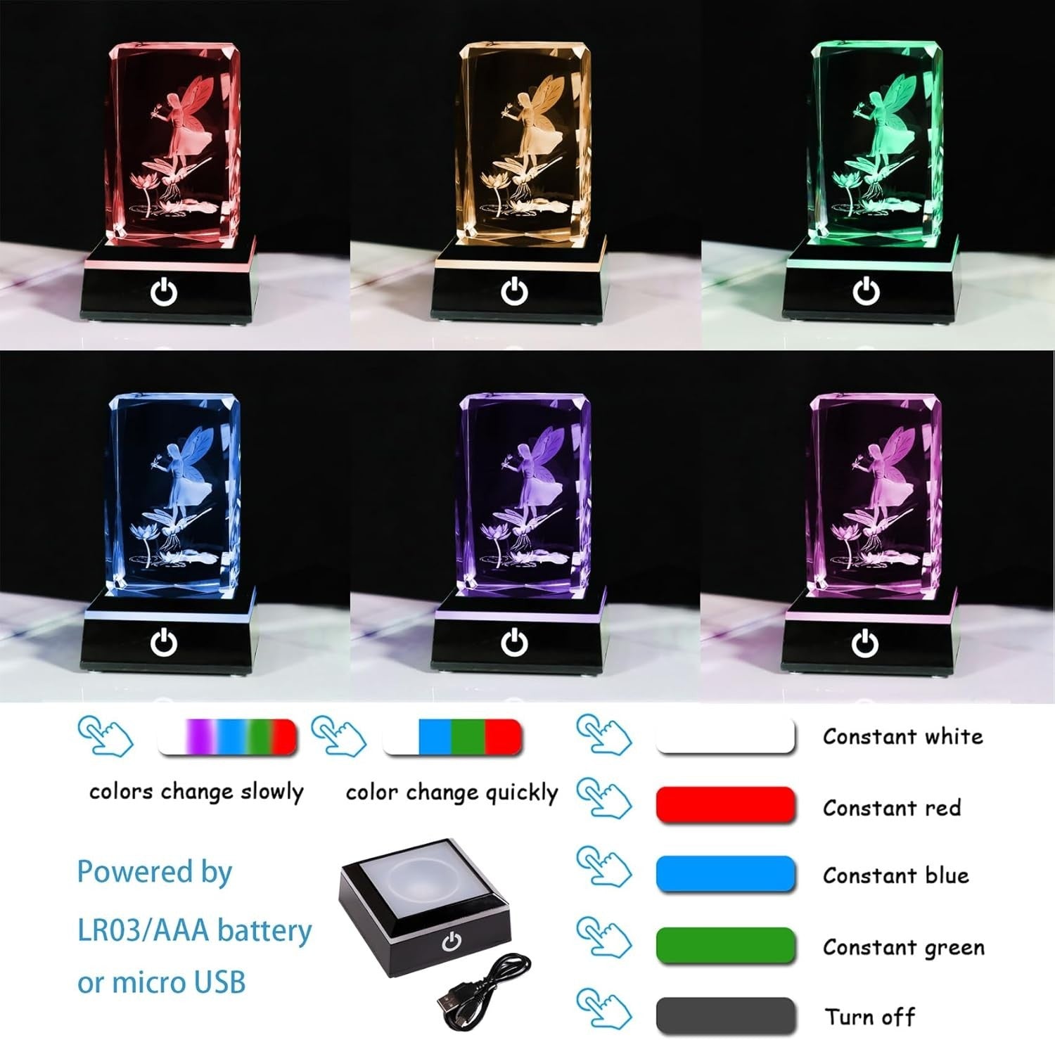 3D Crystal Fairy & Dragonfly LED Light Cube Ornament Gift for Women Girls