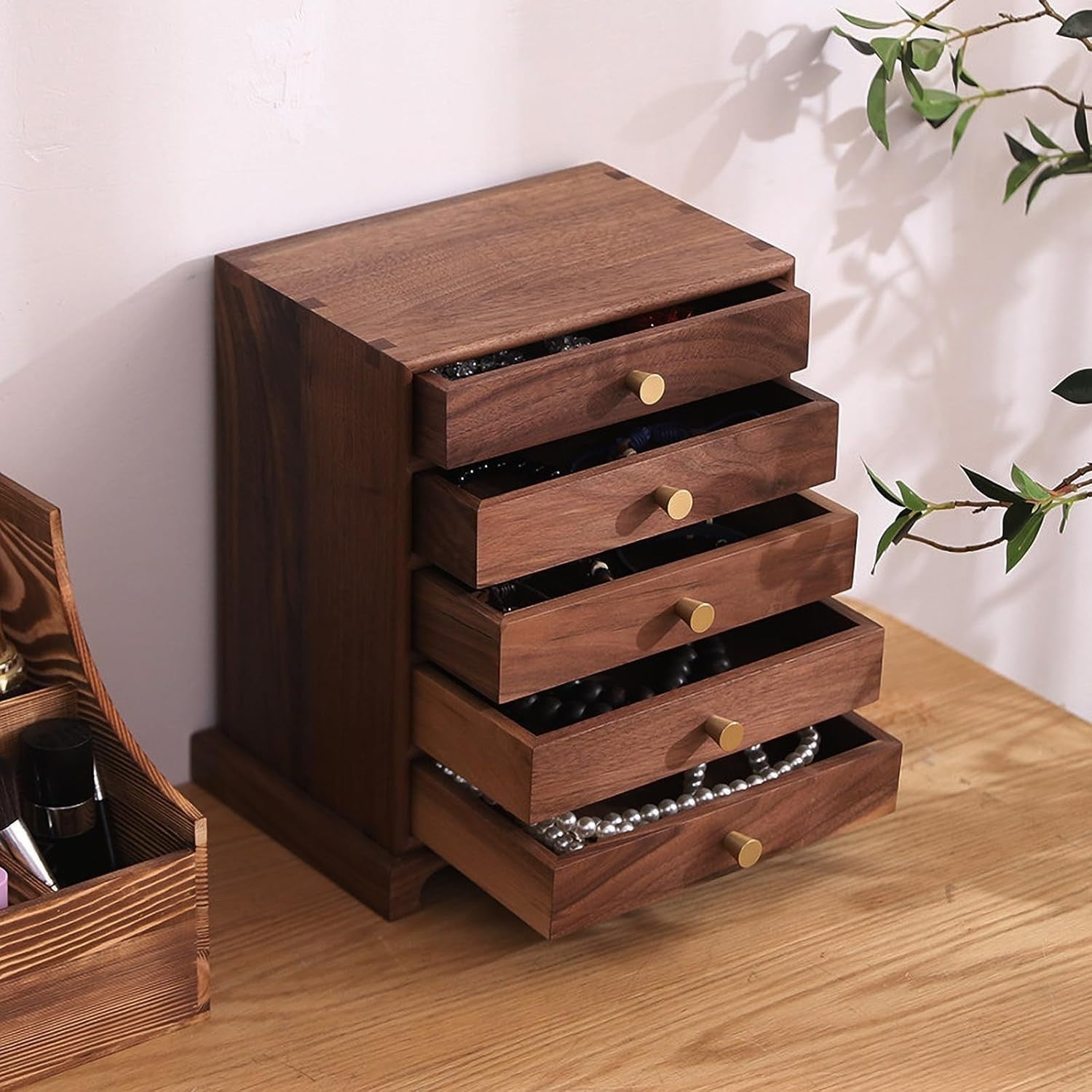 Black Walnut Jewelry Cabinet 5 Drawer Luxury Wooden Organizer Armoire