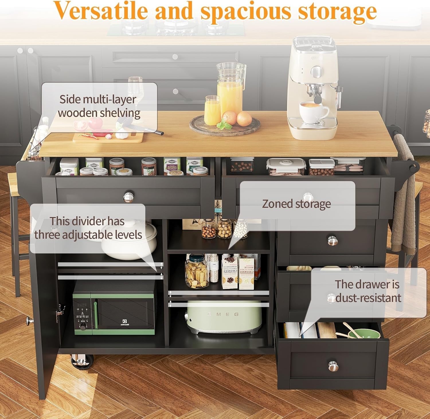 Rolling Kitchen Trolley with Drawers & Cabinets, Adjustable Shelves, 134cm Workt