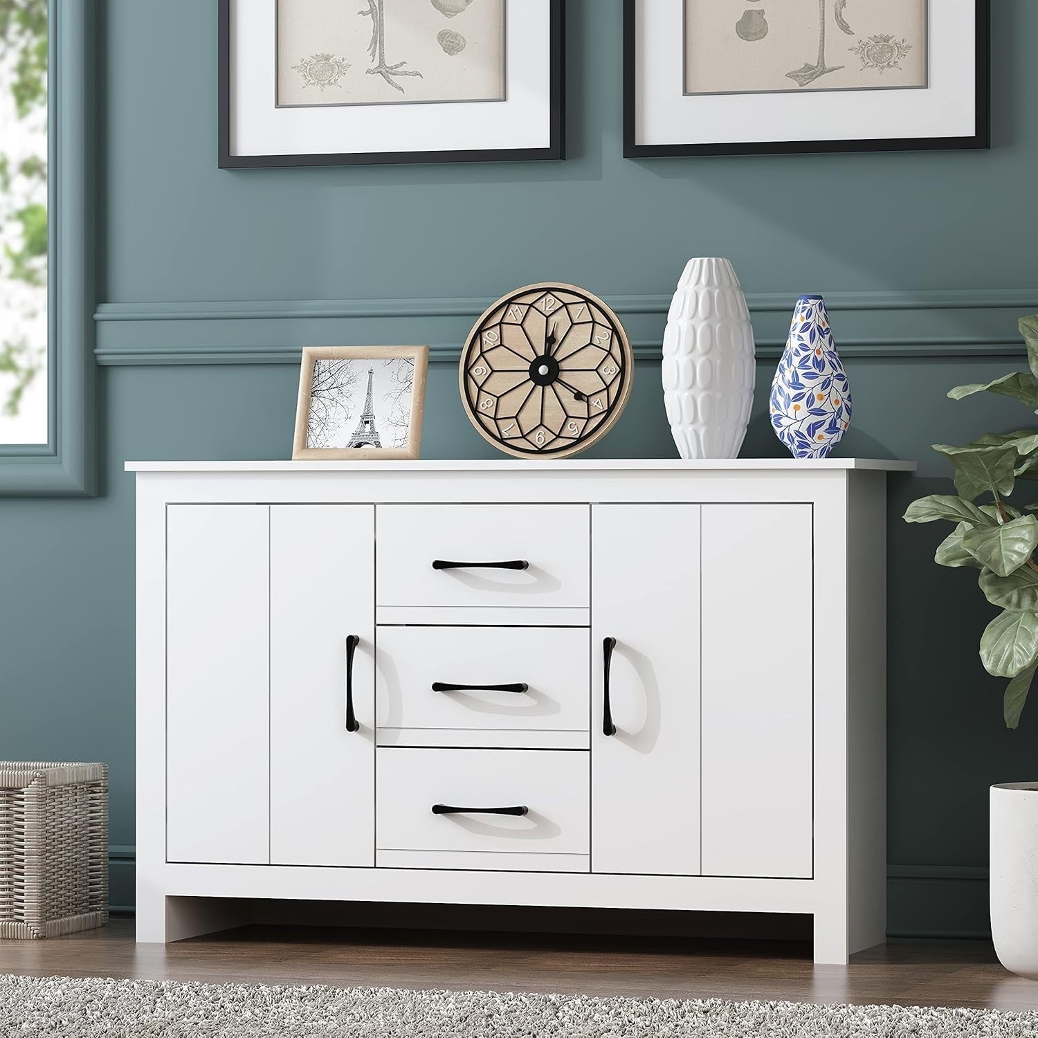 White Storage Sideboard Cabinet 2 Doors 3 Drawers Adjustable Shelves