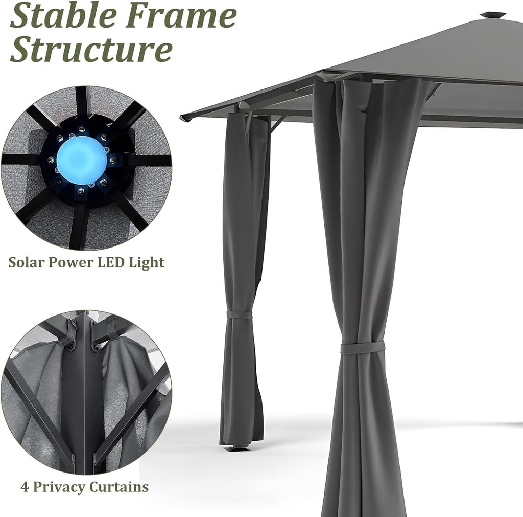 3x3M Metal Gazebo With Solar LED Lights & Curtains Outdoor Garden Patio Canopy