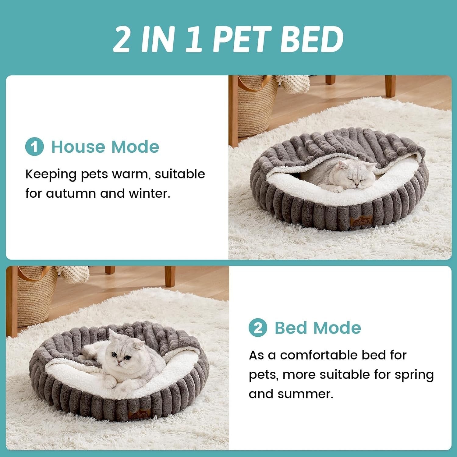 Round Cat Bed with Blanket Washable Faux Fur Pet Sofa Non Slip Bottom