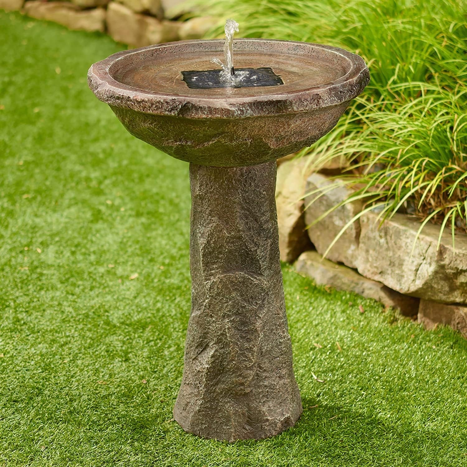 Solar Powered Bird Bath Outdoor Garden Water Feature Stone Effect