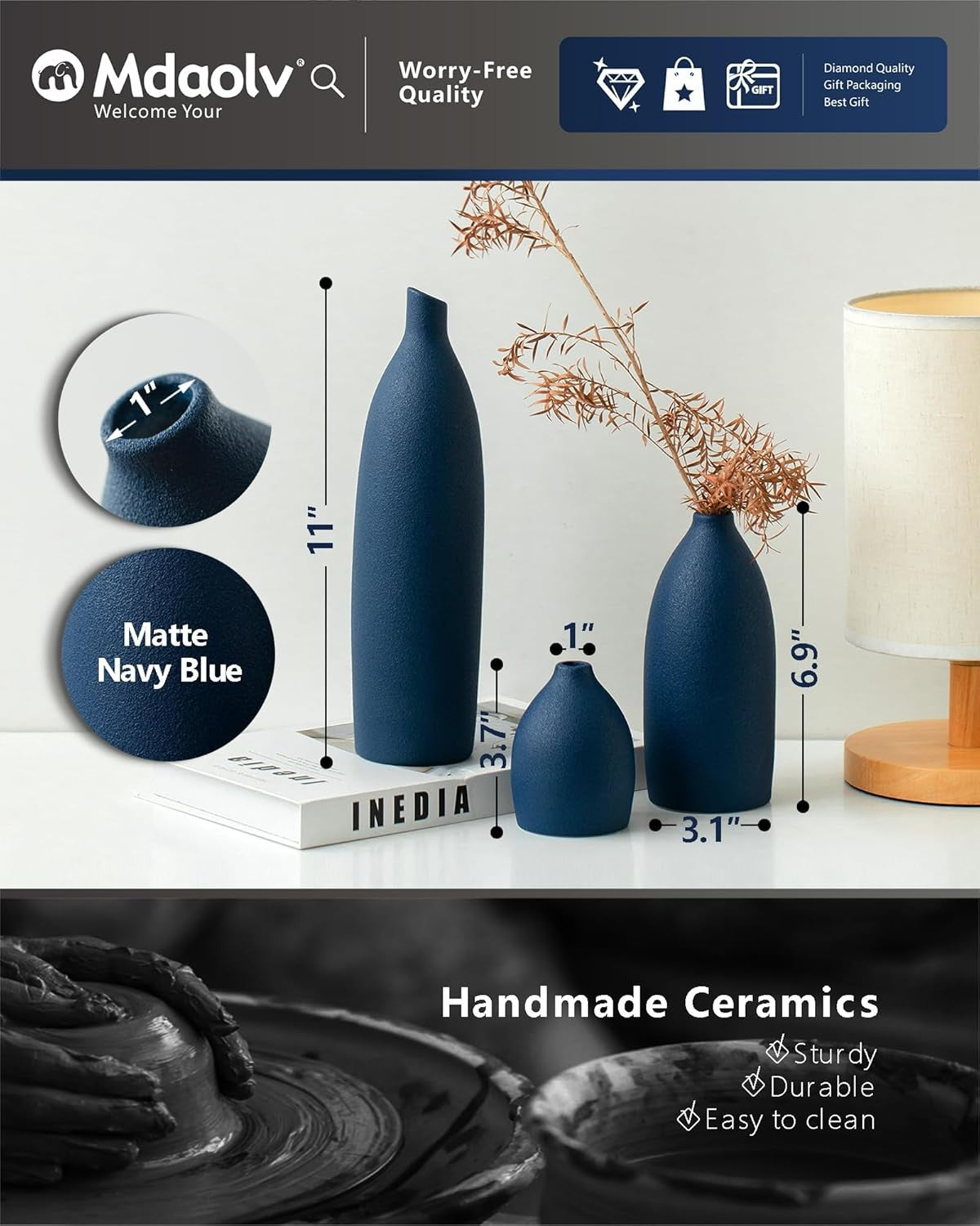 Matte Blue Ceramic Vase Set Modern Coastal Home Décor Table Shelf Display