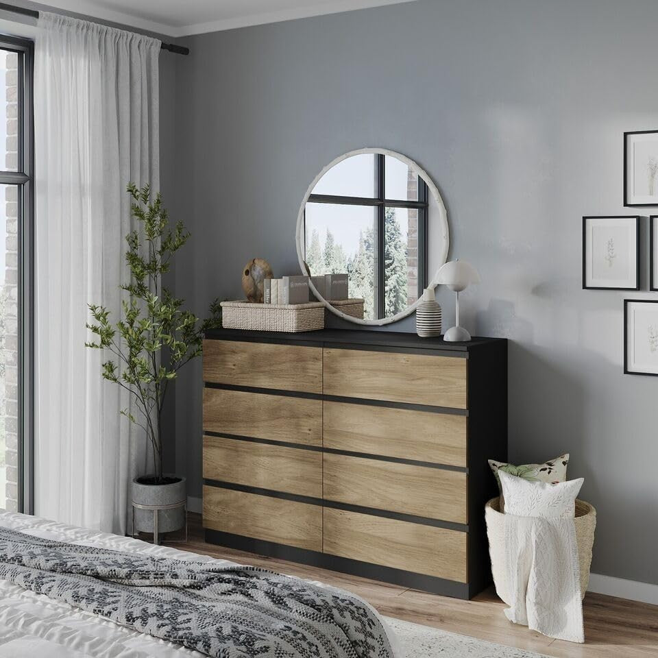 8 Drawer Black Oak Chest Storage Cabinet Modern Bedroom Office Organiser